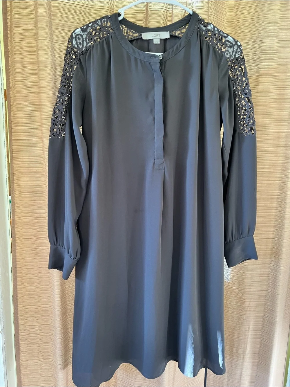 LOFT Black Long-Sleeve Lace-Shoulder Tie-Waist Dress